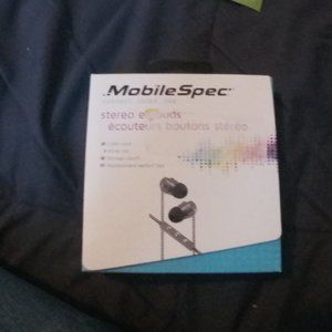 New MobileSpec Stereo Earbuds With Mic & Storage Pouch, Gray/Black, In Box